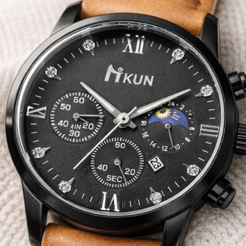 IKUN Men’s Fashion Watch Black Dial Chrono Style Quartz Tan Faux Leather Strap